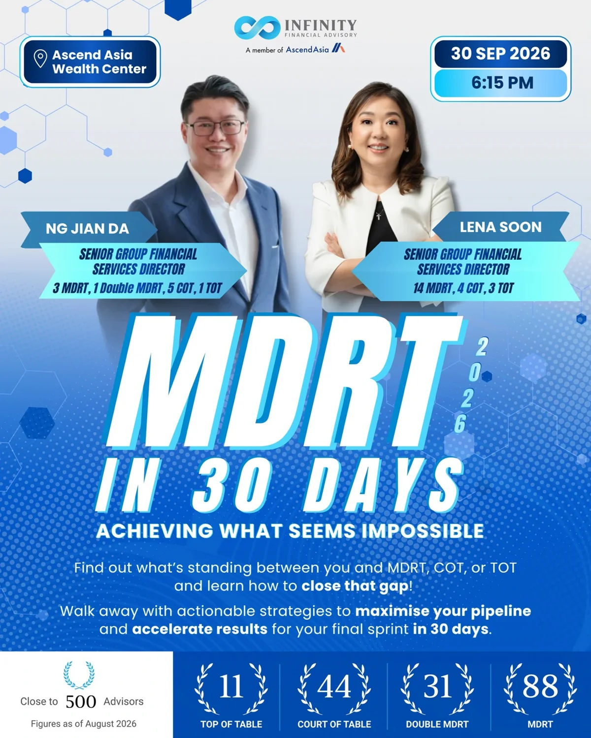 MDRT in 30 Days — Infinity Financial Advisory Recruitment Open House poster featuring Ng Jian Da and Lena Soon